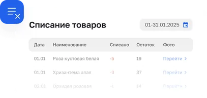 Таблица «Списание товаров» в Посифлоре: дата, наименование, списано, остаток и фото