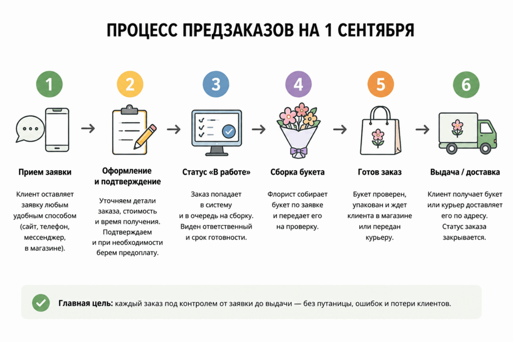 Таблица процесса предзаказа в праздничные дни в цветочном магазине