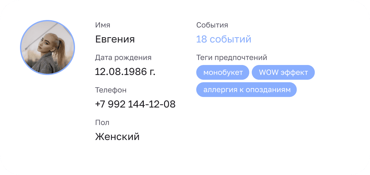 карточка с информацией о клиенте